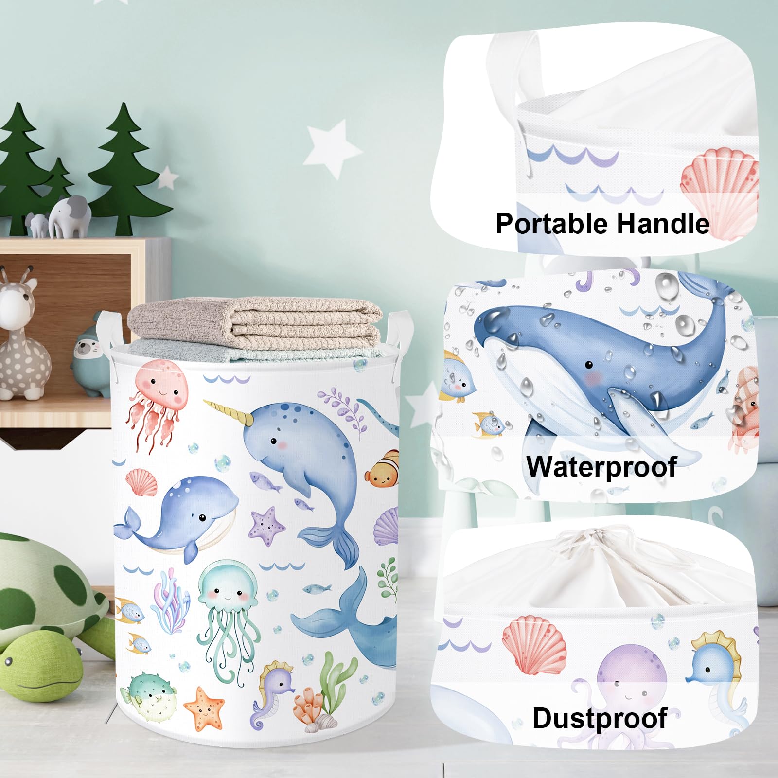 HUUMONSS Sea Animals baby laundry hamper reinforced handles for sturdy carrying