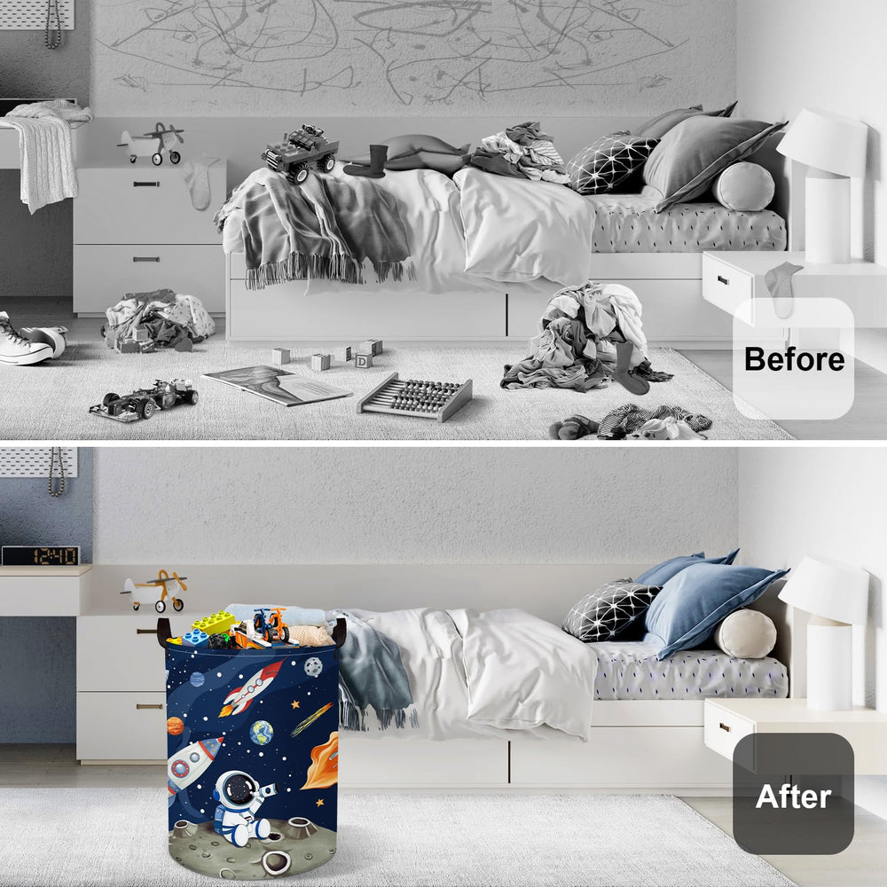 HUUMONSS astronaut-pattern space hamper visual for kids’ toys and clothes