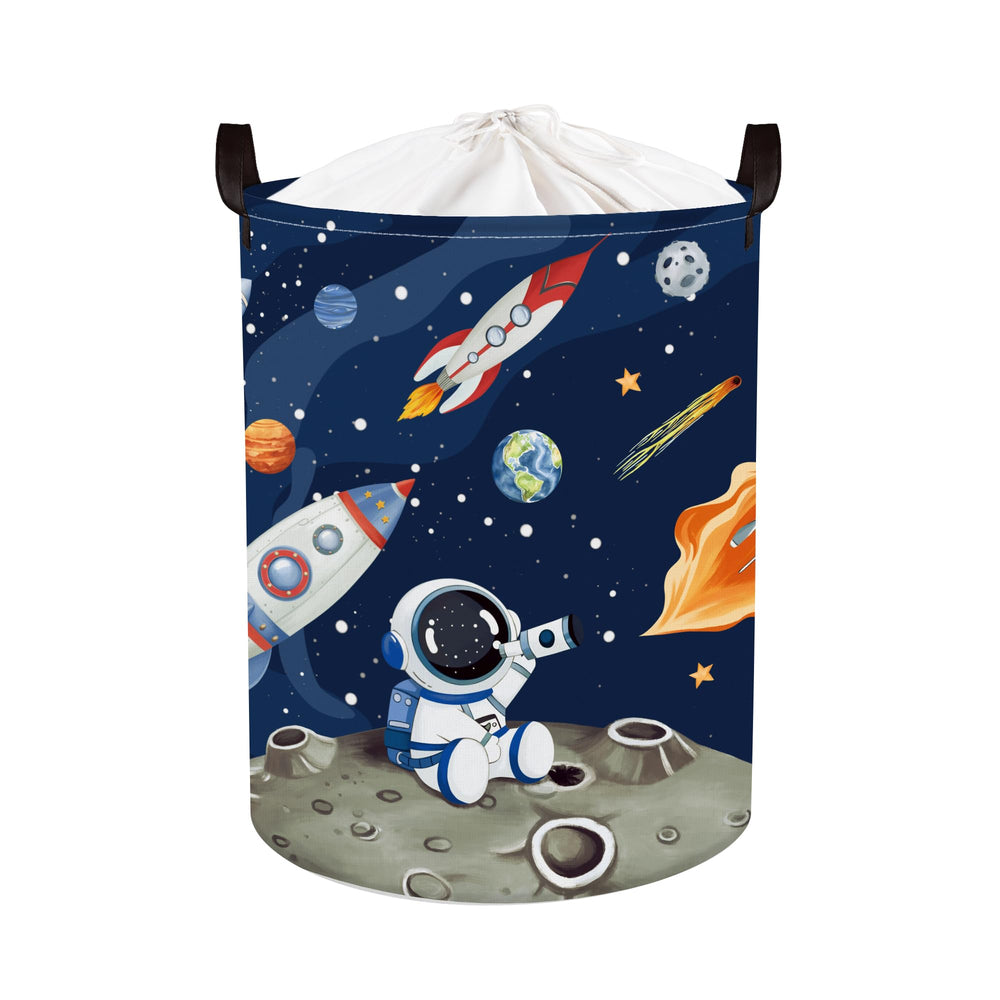 HUUMONSS Space Rockets blue front-view hamper for organized nursery laundry