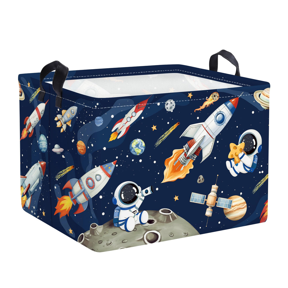 HUUMONSS Space Rockets laundry hamper front view in blue for easy nursery toy and clothes storage.