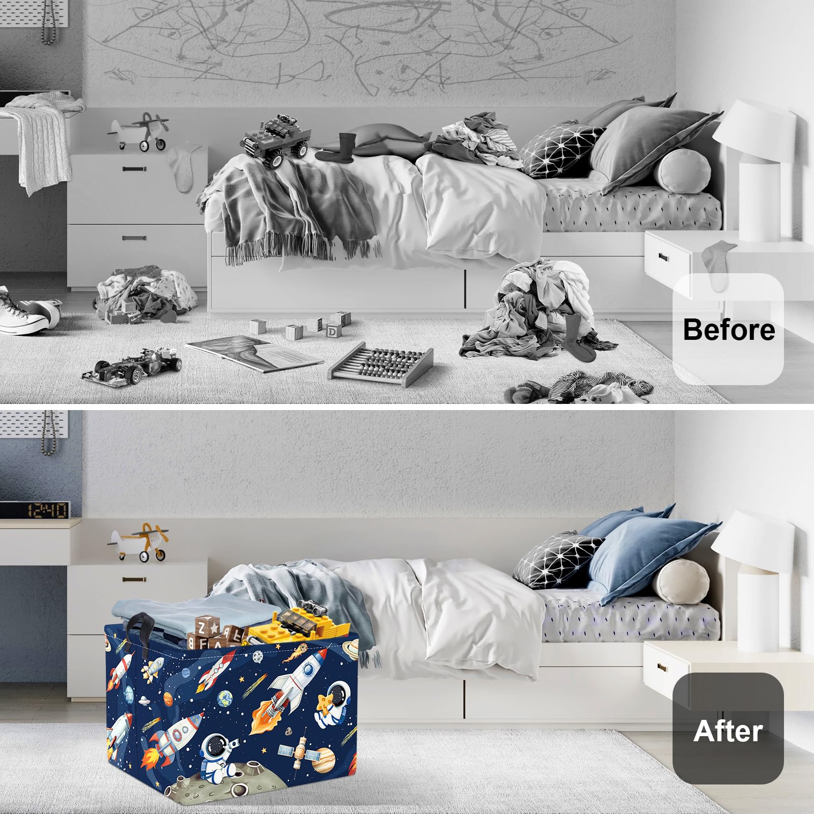 HUUMONSS Space Rockets hamper side angle highlights foldable design for compact living spaces.