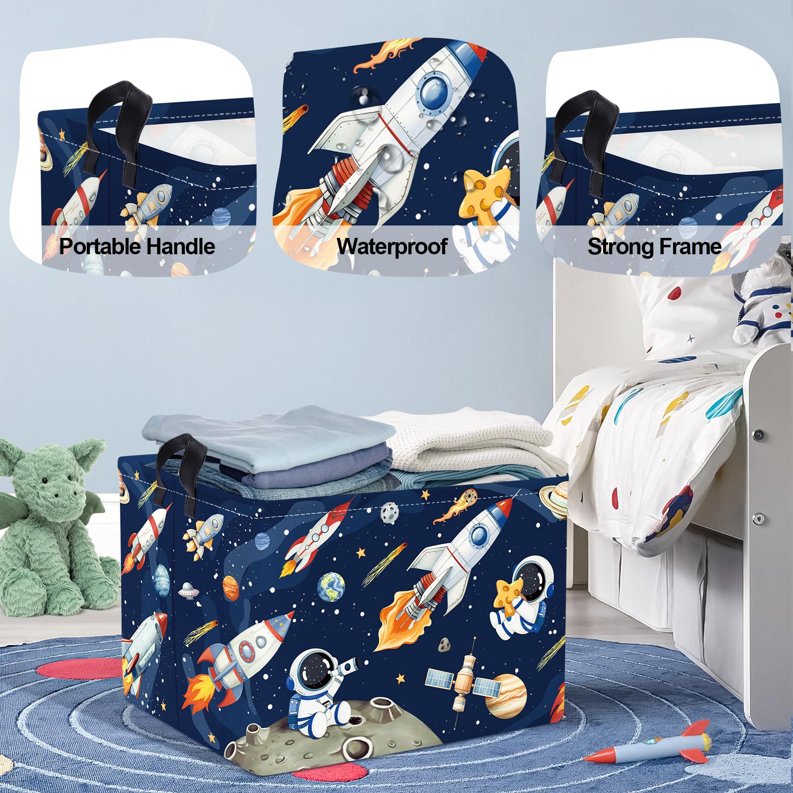 HUUMONSS Space Rockets foldable basket folded flat for quick storage and travel readiness.