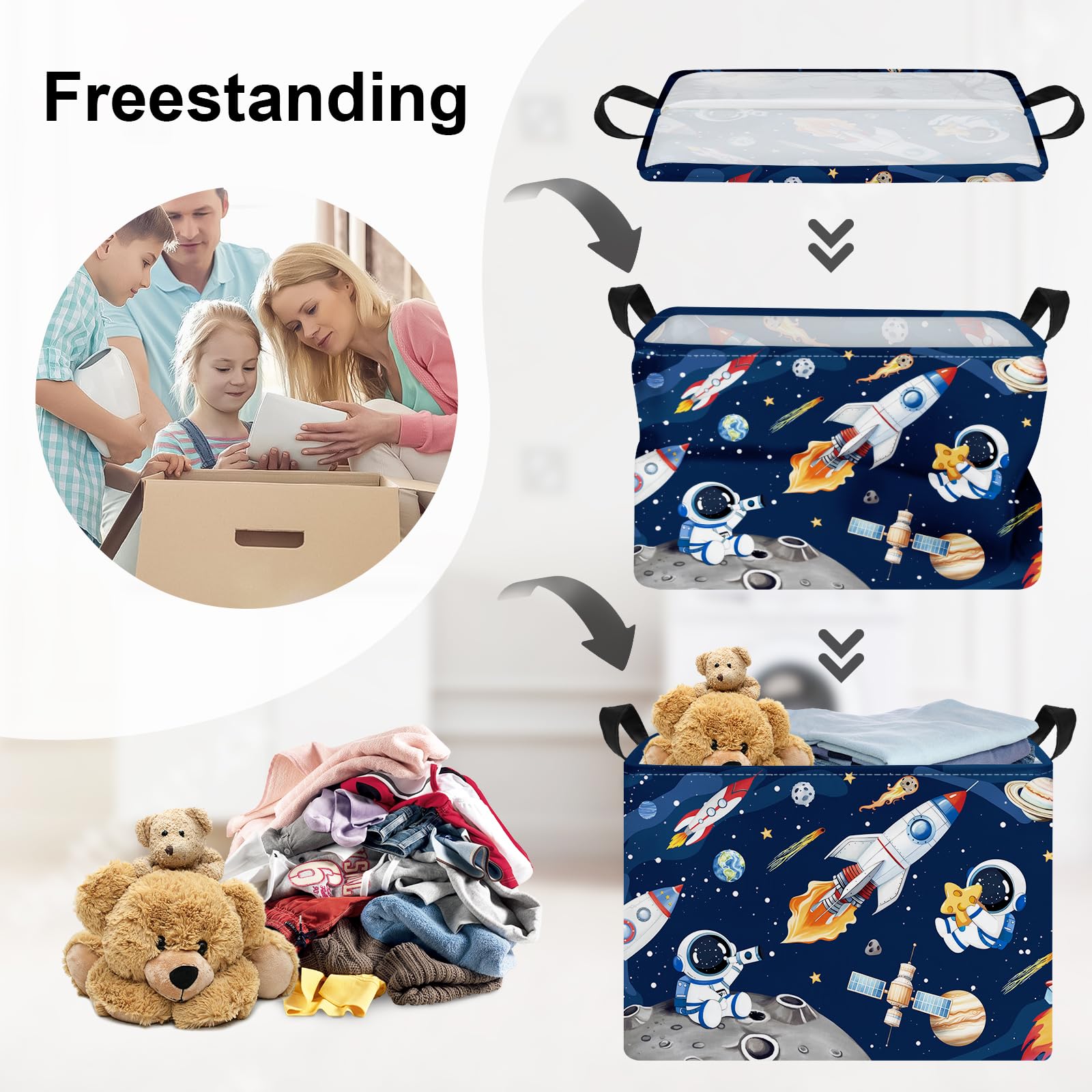 HUUMONSS Space Rockets kid storage closeup shows PE-coated fabric that's easy to wipe clean.