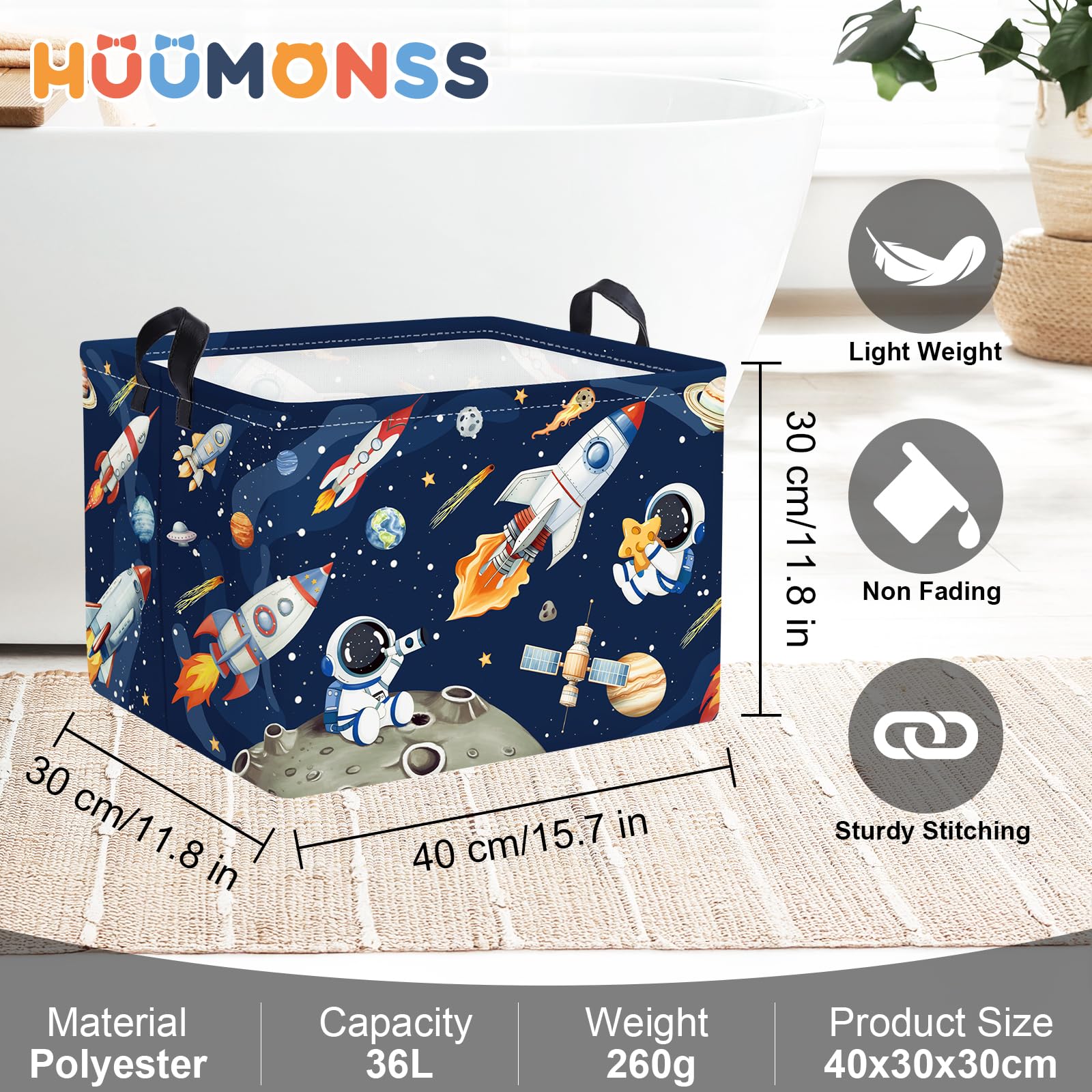 HUUMONSS Space Rockets product with metal frame ensuring the basket stands upright for fast use.