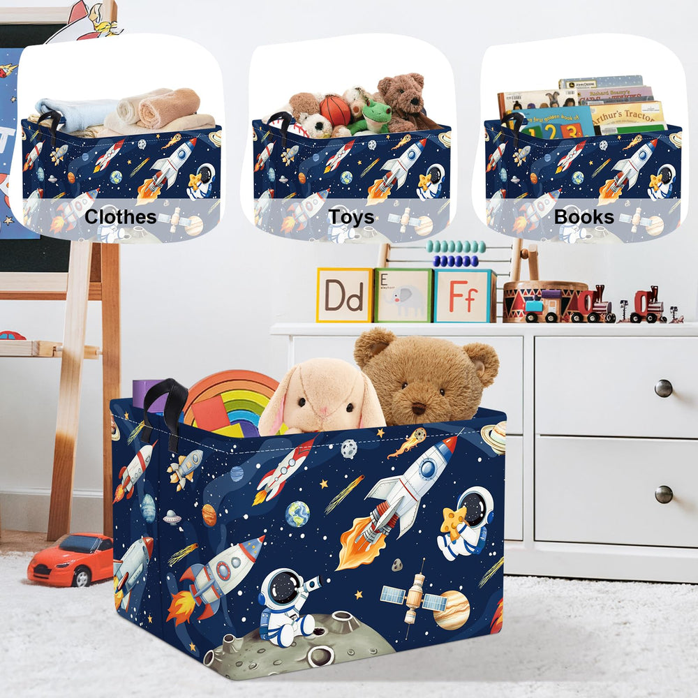HUUMONSS Space Rockets nursery clothes organizer demonstrates large 36L capacity for bulky items.