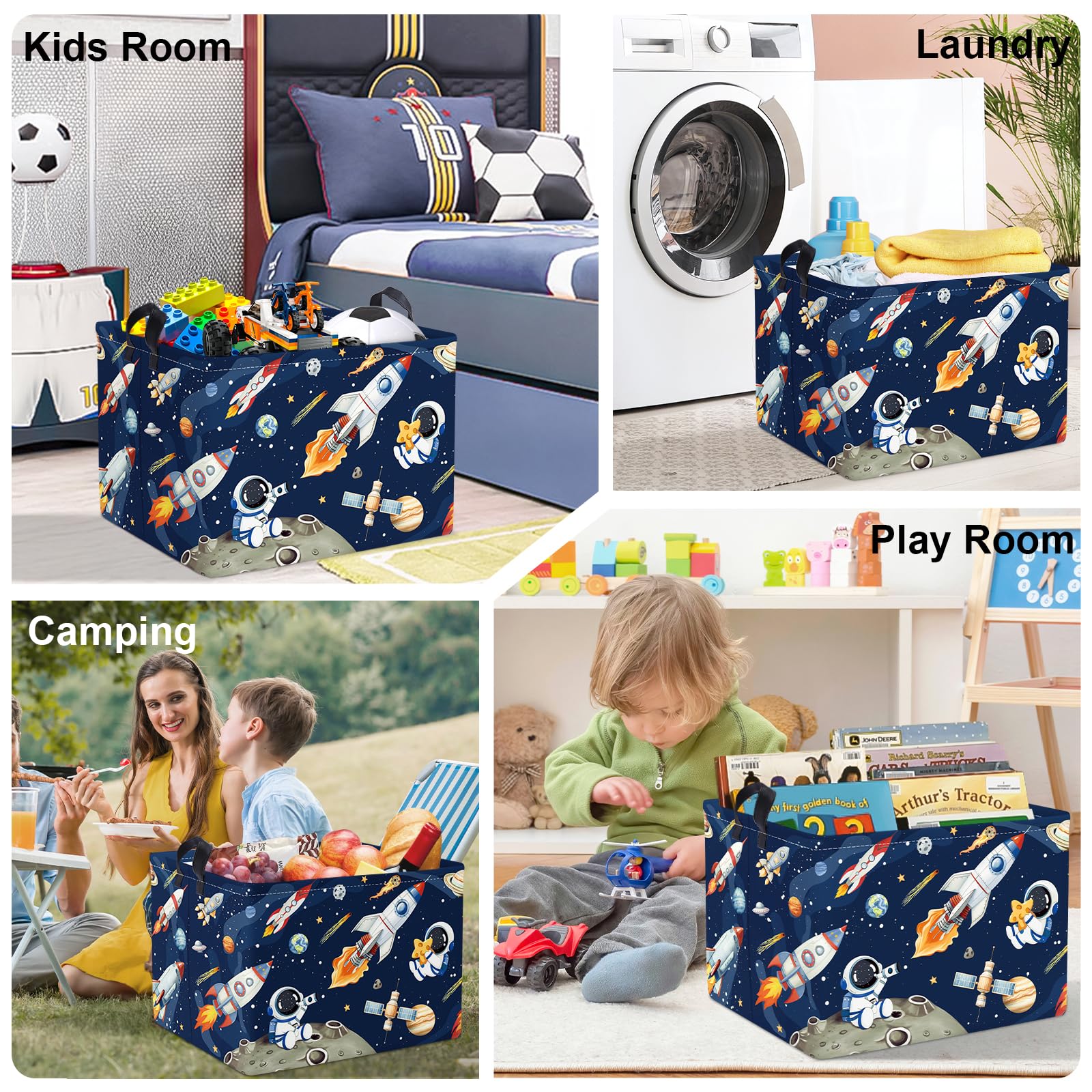 HUUMONSS Space Rockets space decor hamper ready for toy storage and room organization.