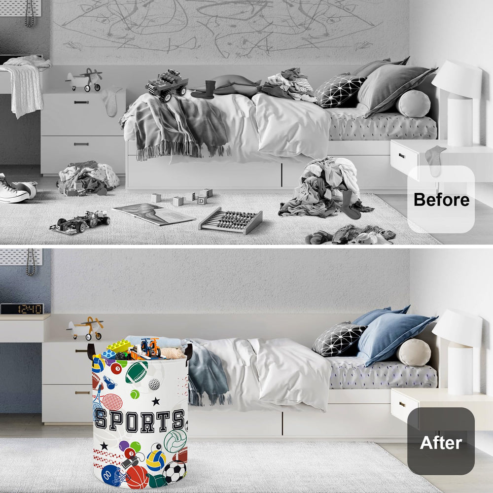 HUUMONSS sports balls hamper features cartoon pattern, adds playful decor for kids' room.