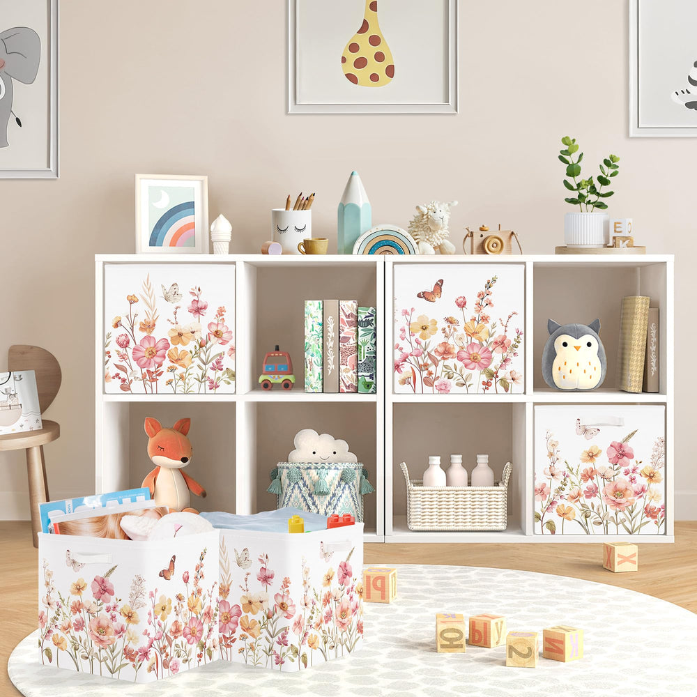 HUUMONSS wildflower cubes set demonstrates three organizers for shelves.