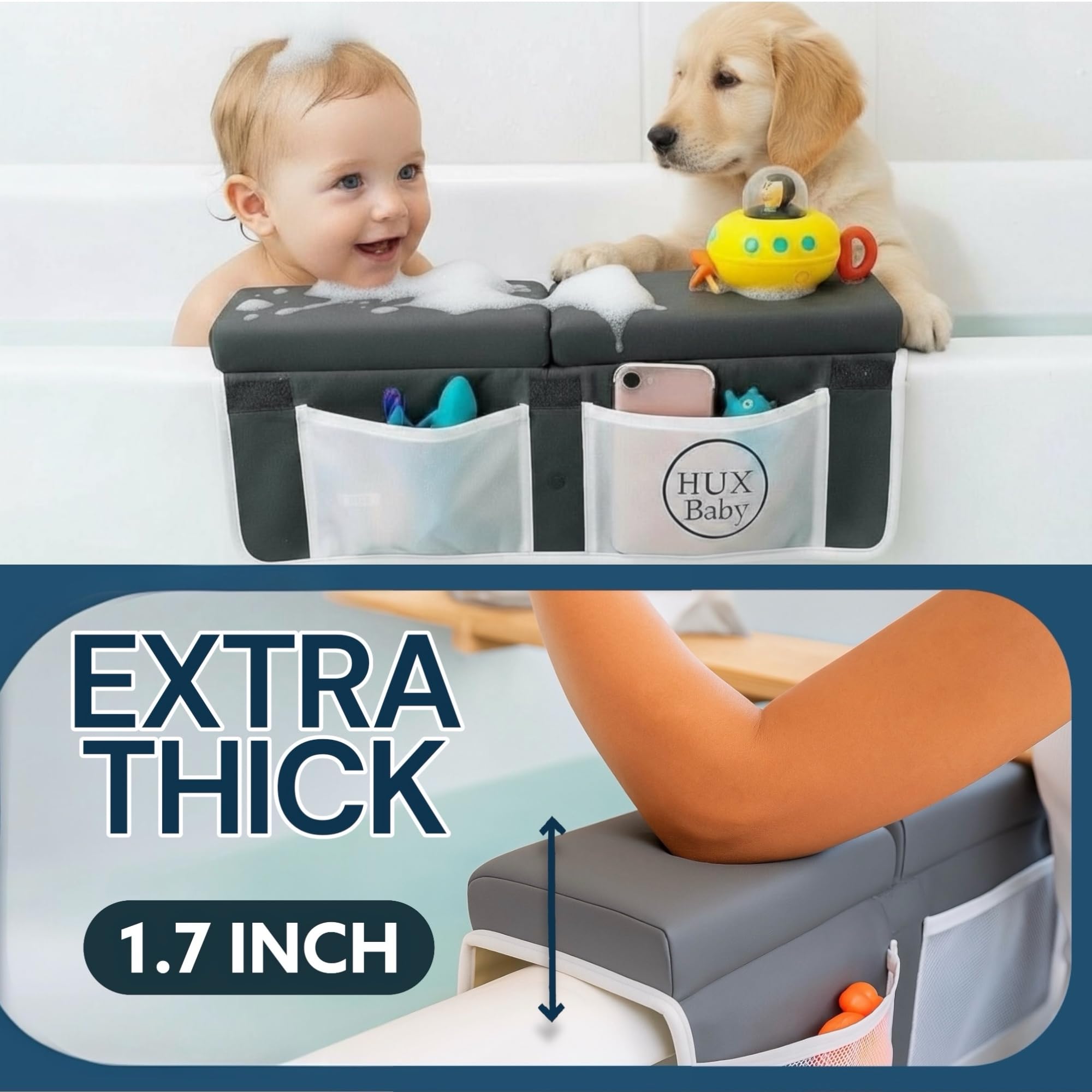 HUX Baby bath kneeler storage pockets keep essentials organized within reach