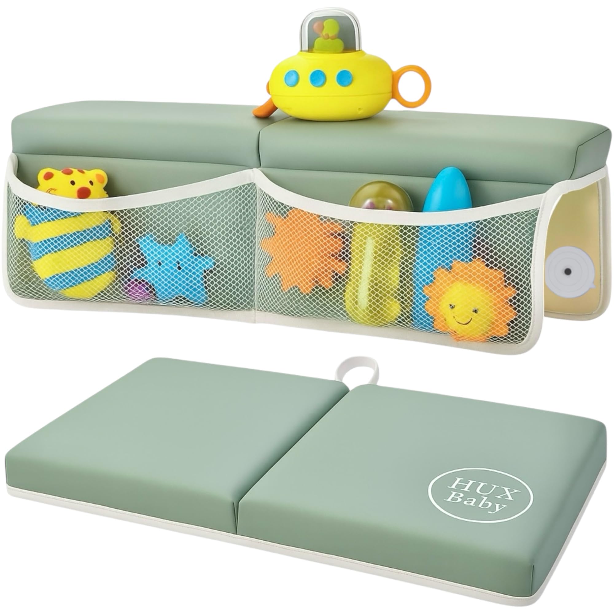 HUX Baby bath time organization pockets help tidy towels and toys.