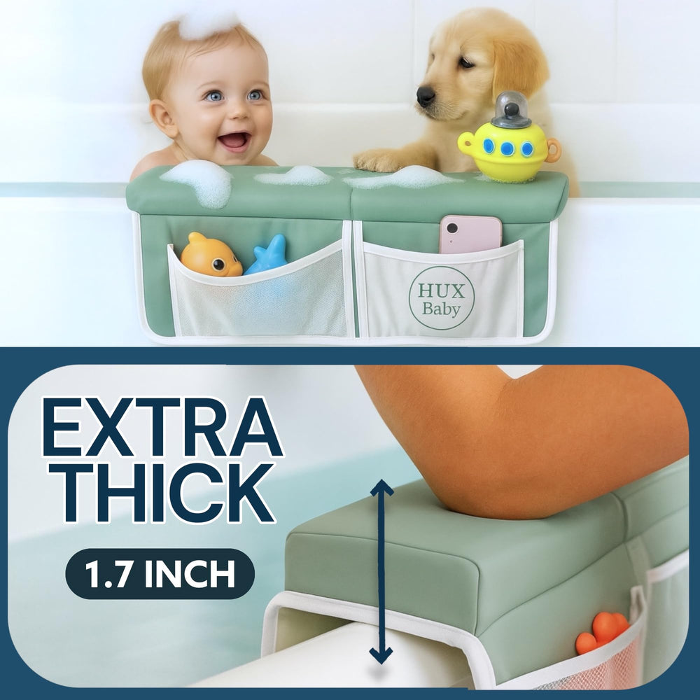HUX Baby toy organizer pockets keep bath essentials within easy reach.