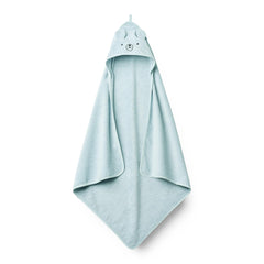 Huxie Baby Hooded Towel Bear Blue close-up shows ultra-soft organic cotton warmth