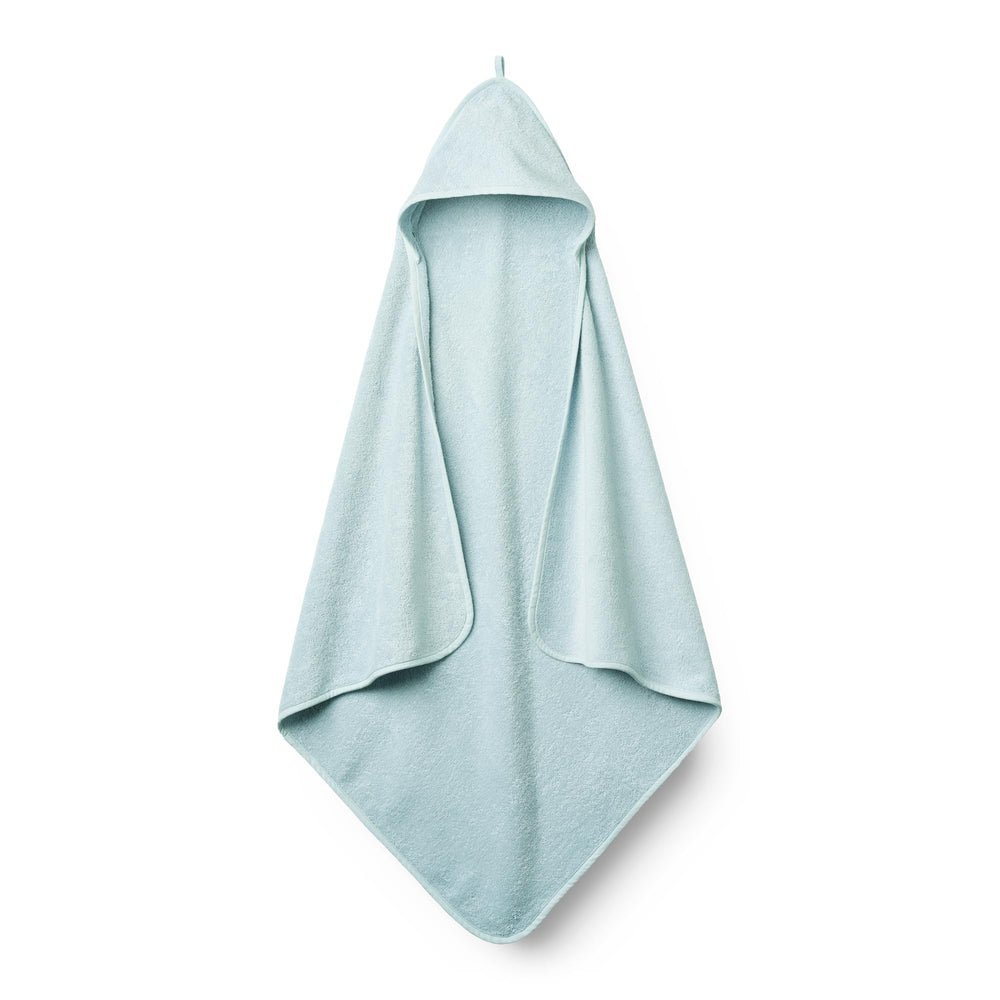 Huxie Baby Hooded Towel blue front close-up shows plush organic cotton softness for gentle drying