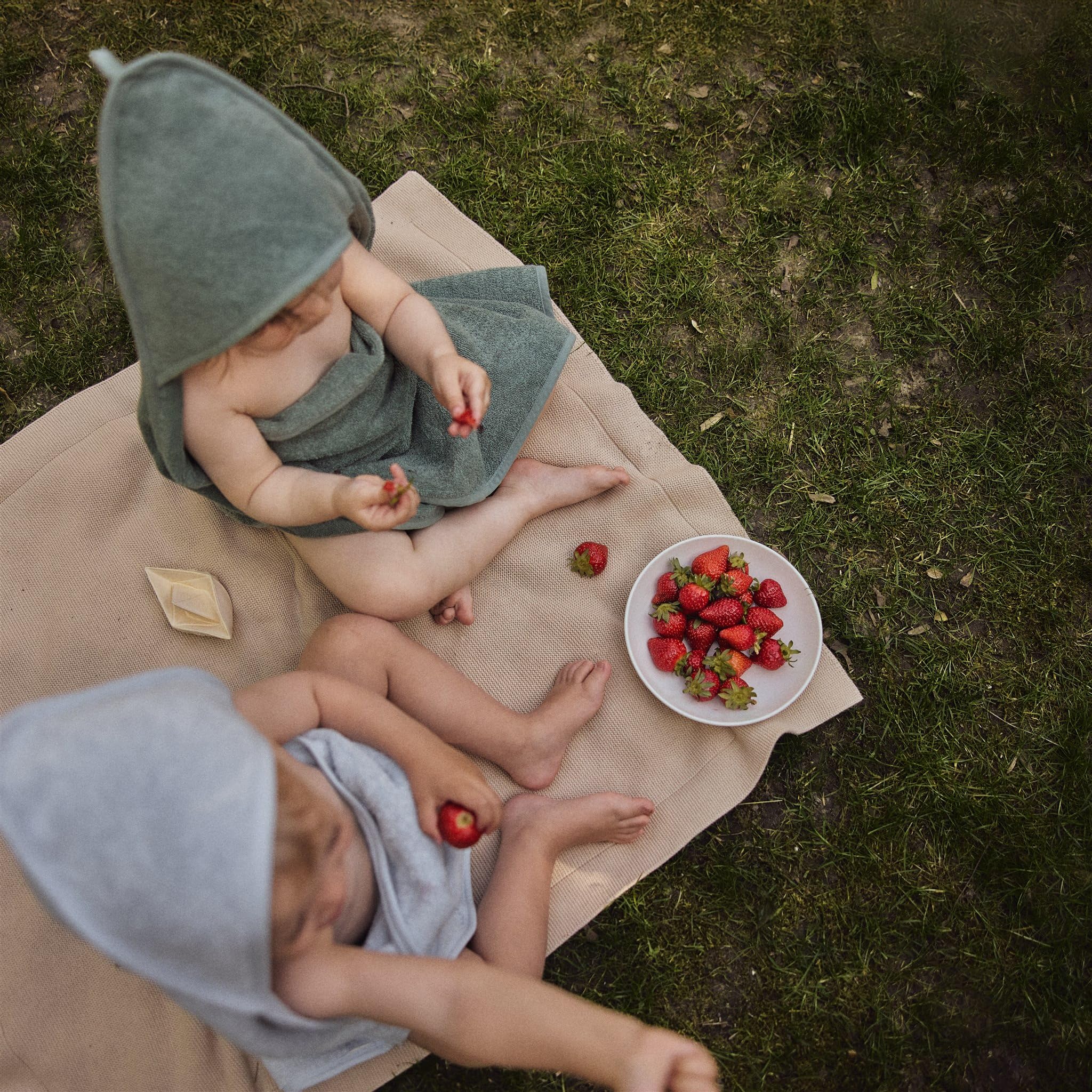 Huxie Baby Hooded Towel blue packaging display implies gift-ready design with Scandinavian flair