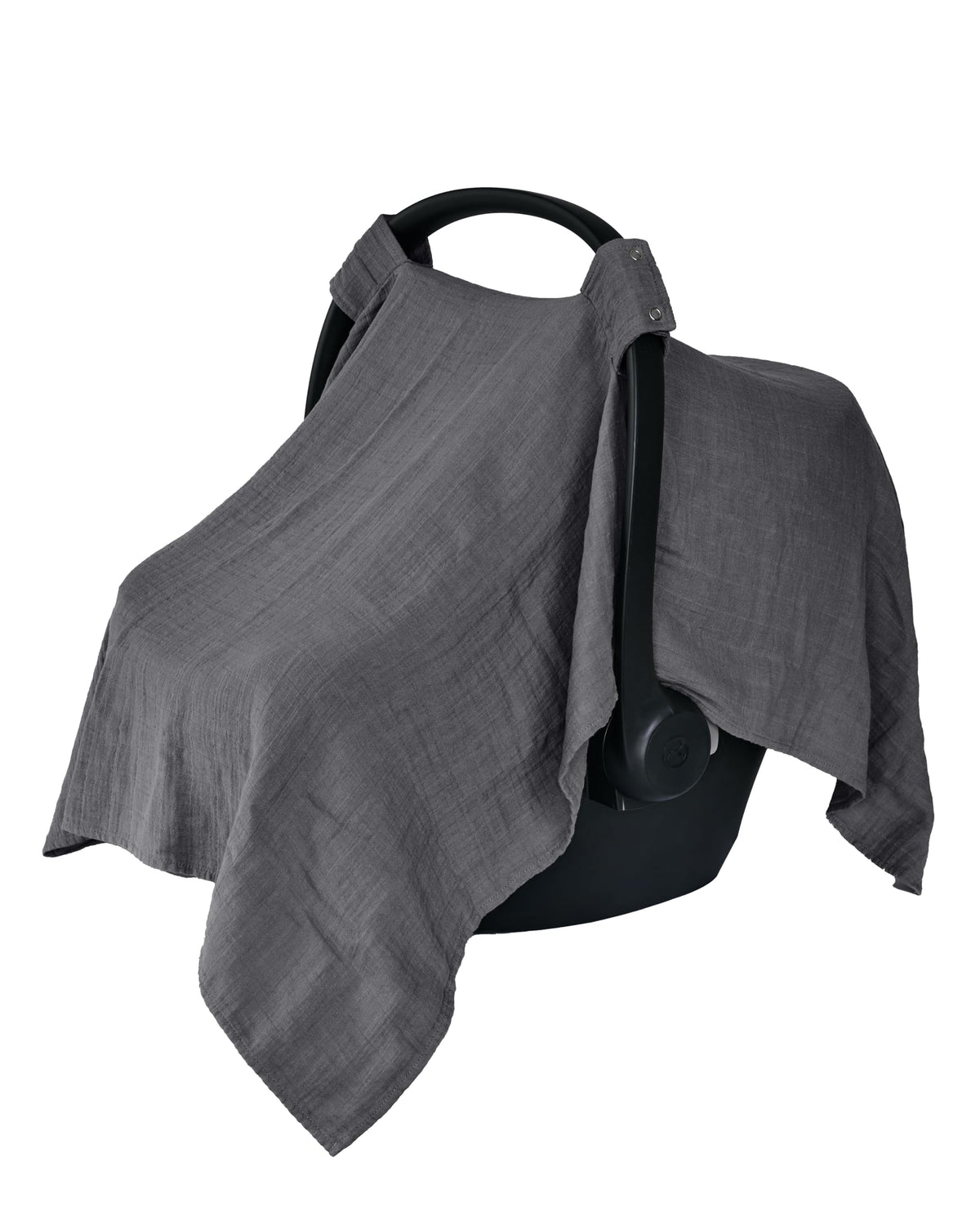Huxie car seat cover in soft grey organic muslin for gentle baby comfort.
