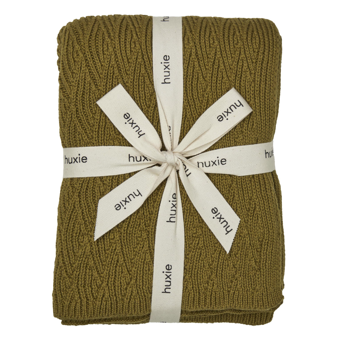 Huxie knitted baby blanket moss green close-up showing ultra-soft organic cotton texture for newborn comfort
