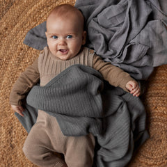 Huxie Knitted Baby Blanket stone grey flatlay highlights 30x40 sizing for versatile use.