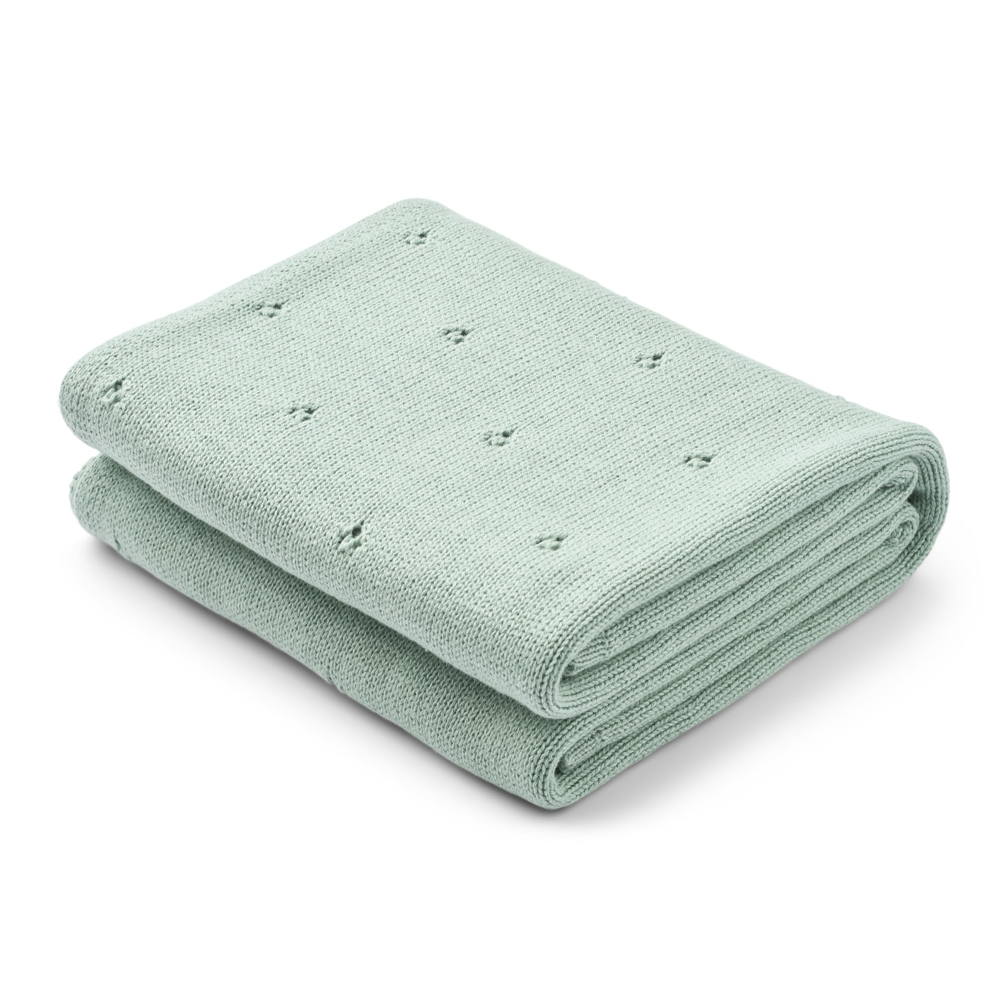 Huxie pointelle knitted blanket in Roman Green close-up showing soft texture for newborn snuggles.