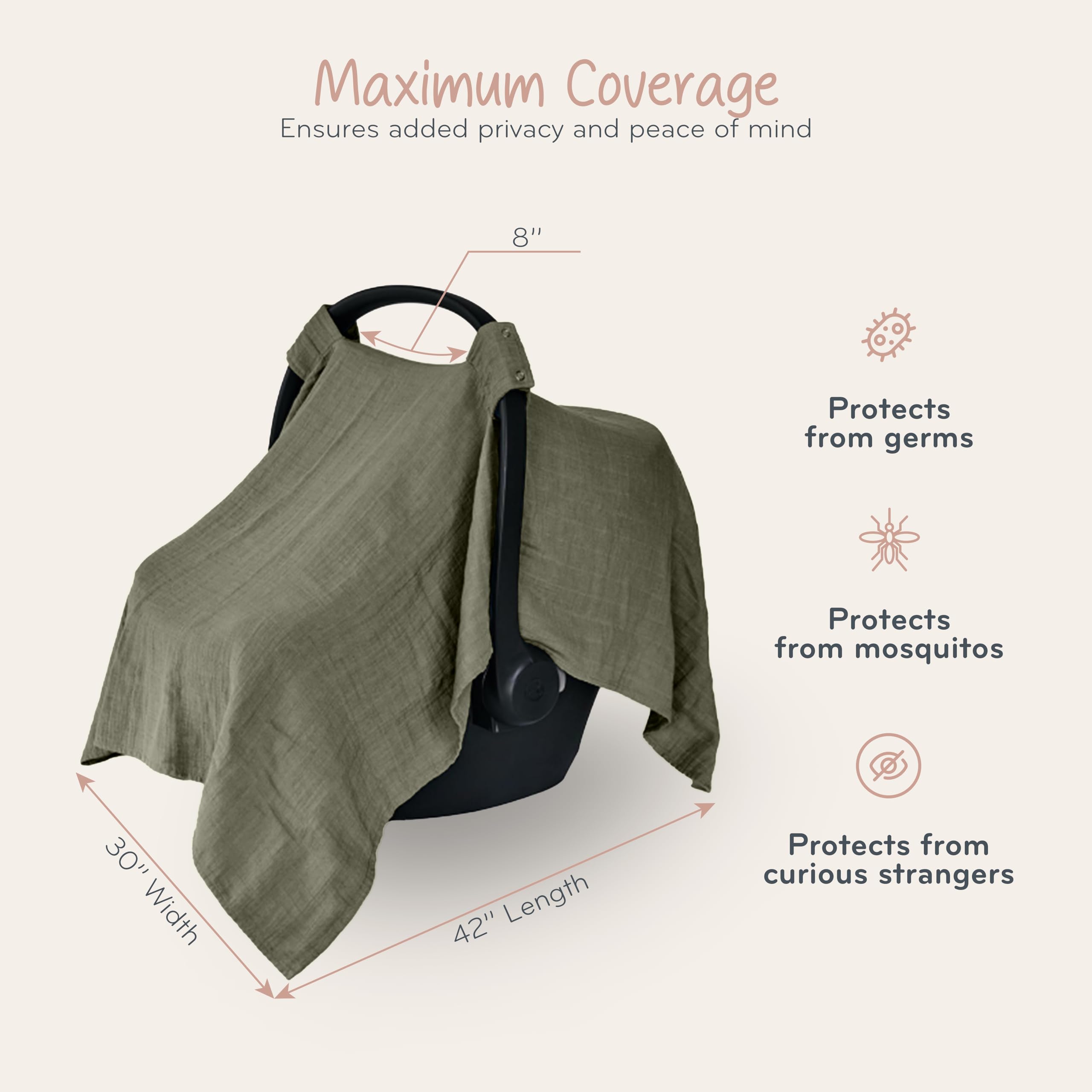 Huxie sage green canopy attached to car seat offers privacy