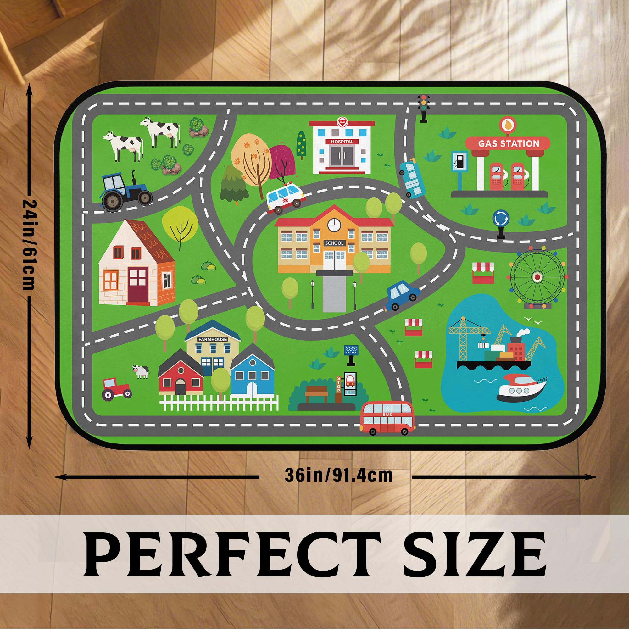 HUXINO Kids Car Road Rug with non-slip backing keeps floors secure.