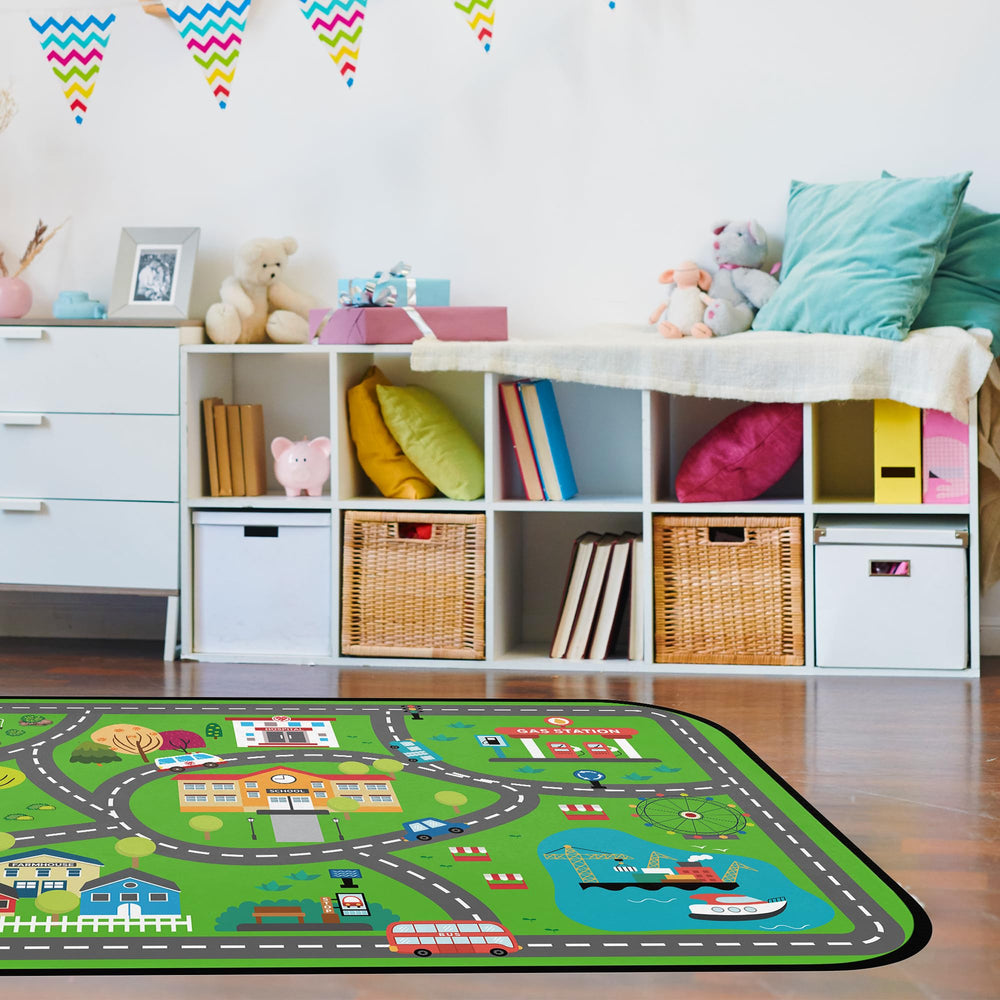 HUXINO Kids Car Road Rug features soft-touch surface for comfy playtime.