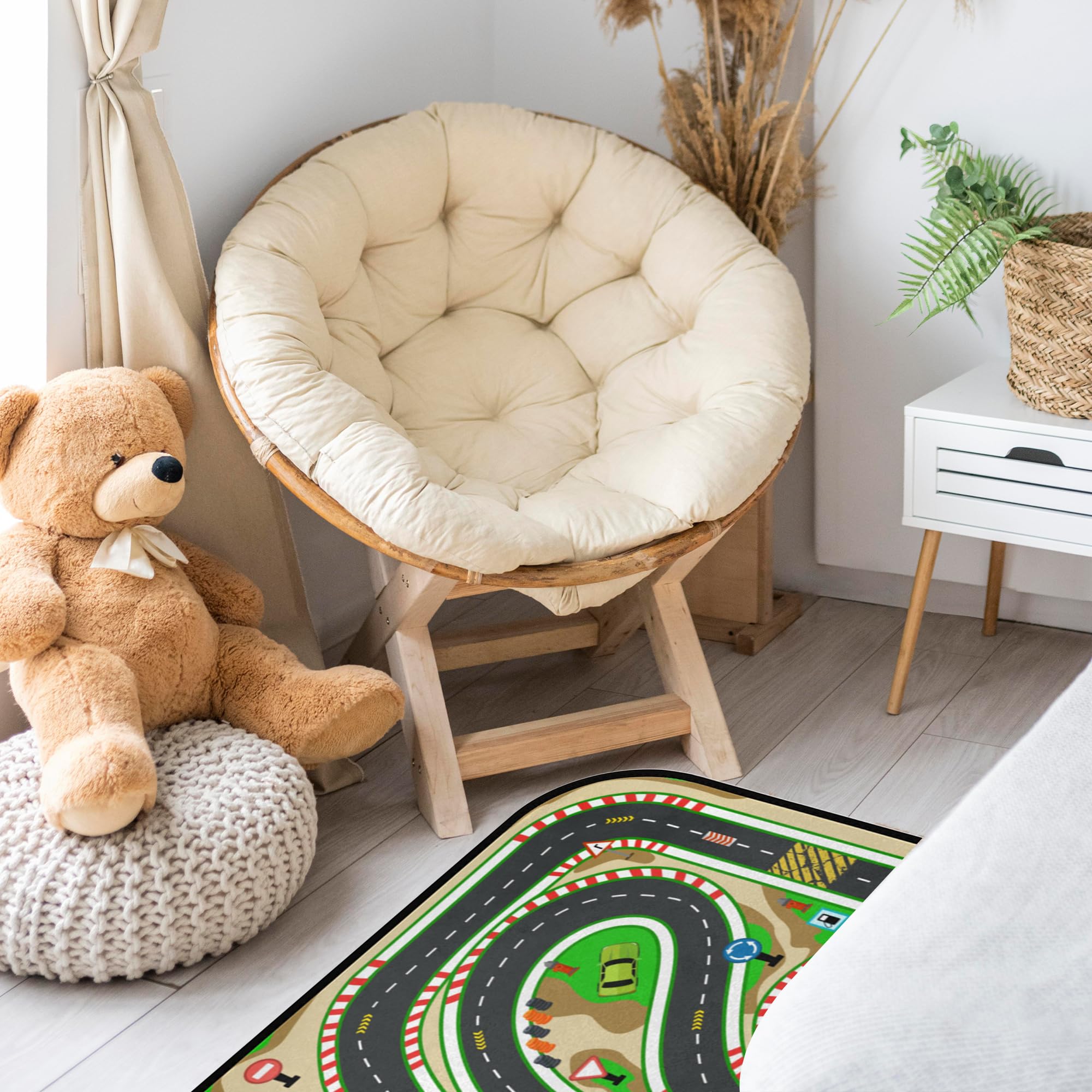 HUXINO Kids Race Track Play Rug back view shows non-slip backing.