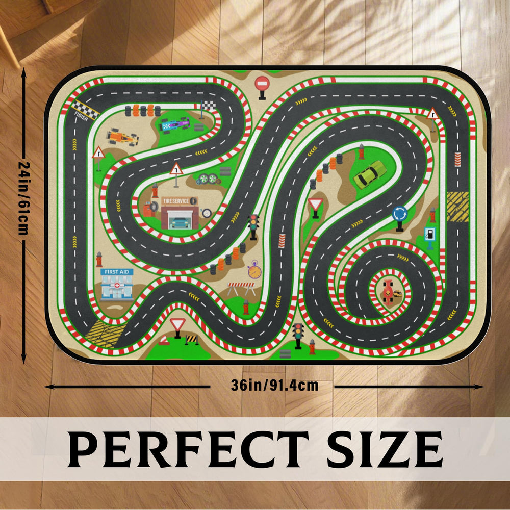 HUXINO Kids Race Track Play Rug close-up road map detail supports learning through play.