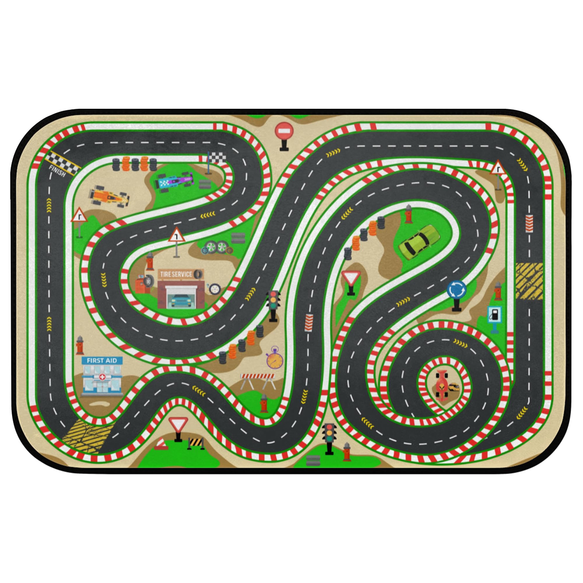 HUXINO Kids Race Track Play Rug front view shows vibrant roads for pretend play.