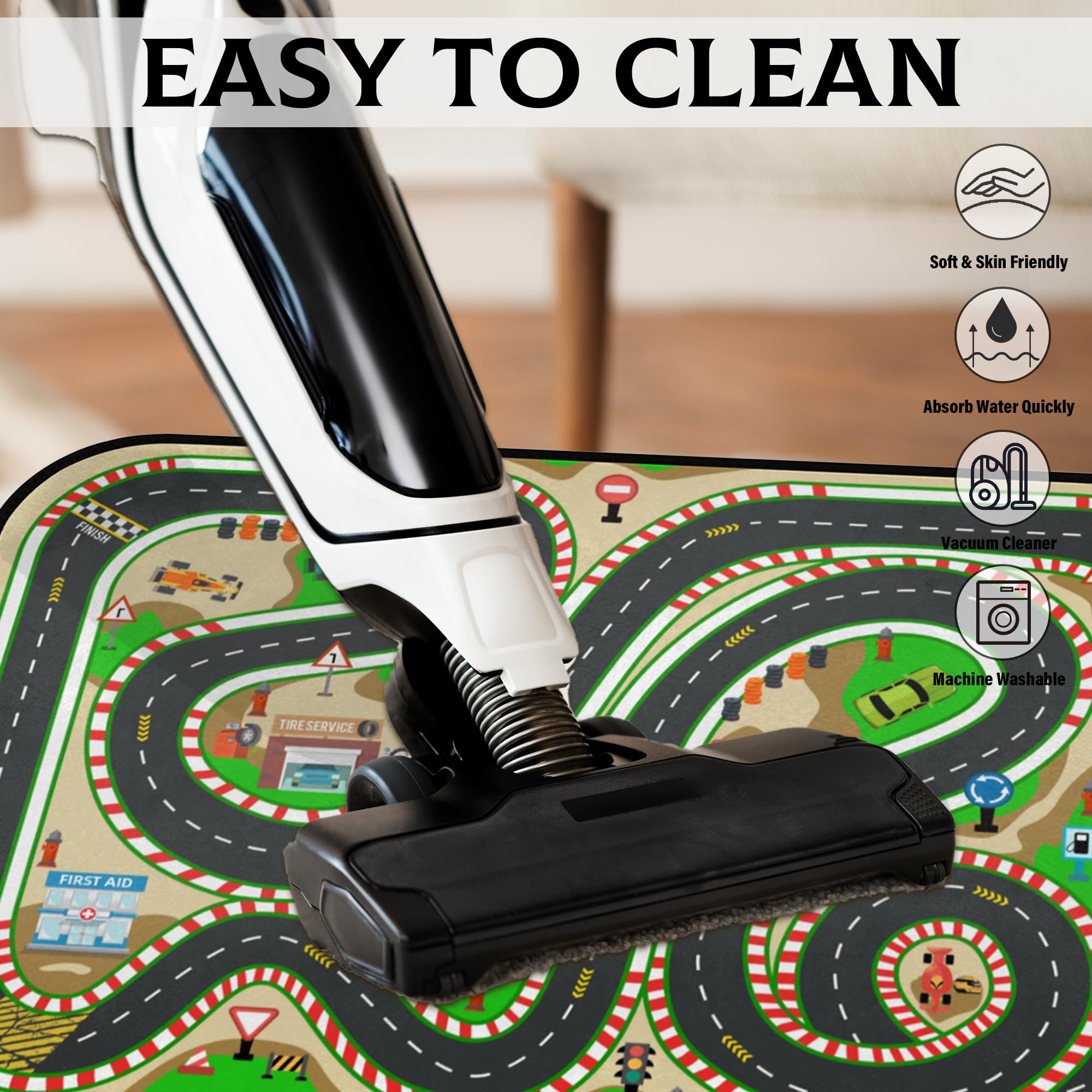 HUXINO Kids Race Track Play Rug in a bedroom scene for safe, playful decor.