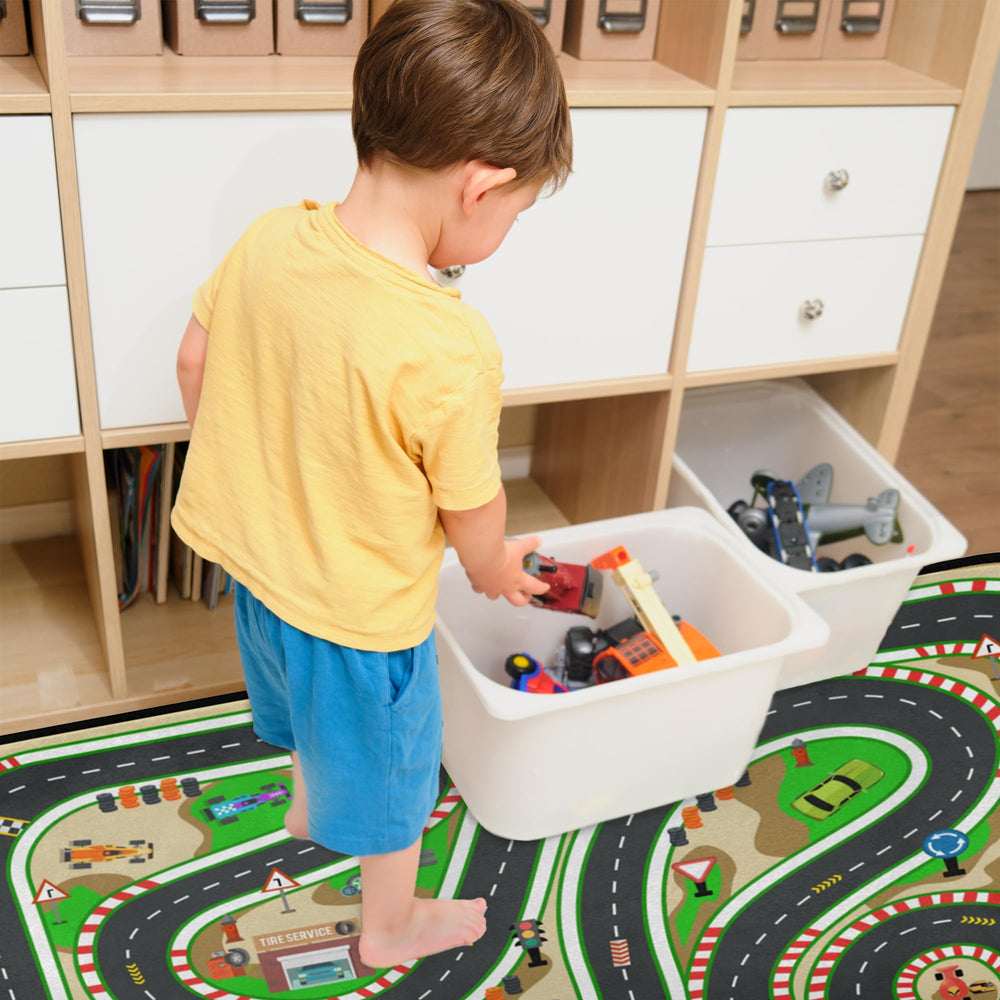 HUXINO Kids Race Track Play Rug classroom setup fosters interactive learning.