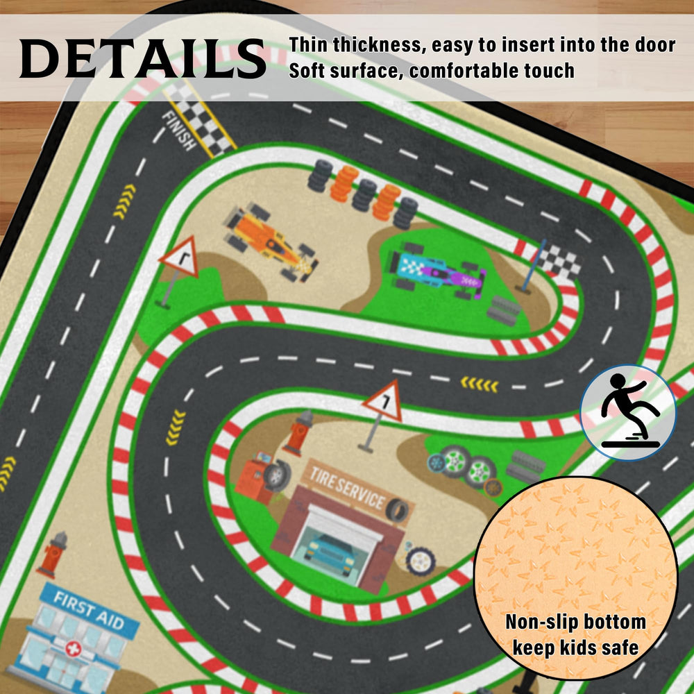 HUXINO Kids Race Track Play Rug rolled for easy storage and portability.