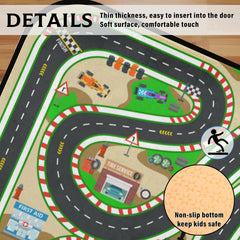 HUXINO Kids Race Track Play Rug rolled for easy storage and portability.