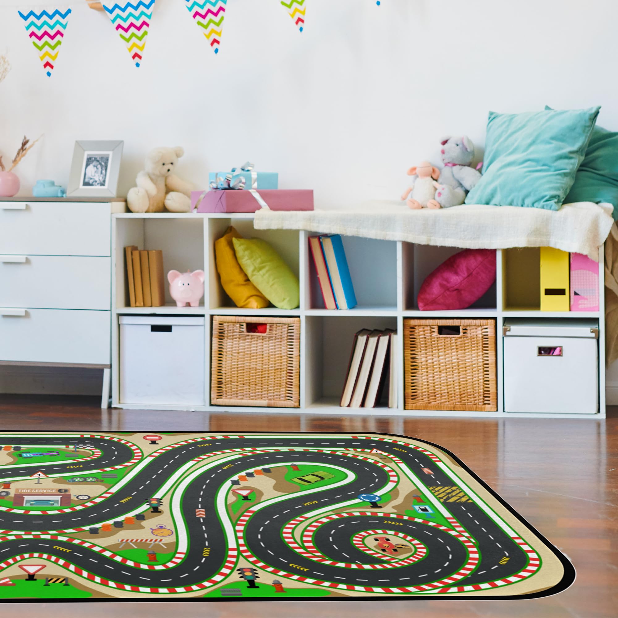 HUXINO Kids Race Track Play Rug traffic signs enable imaginative role-play adventures.