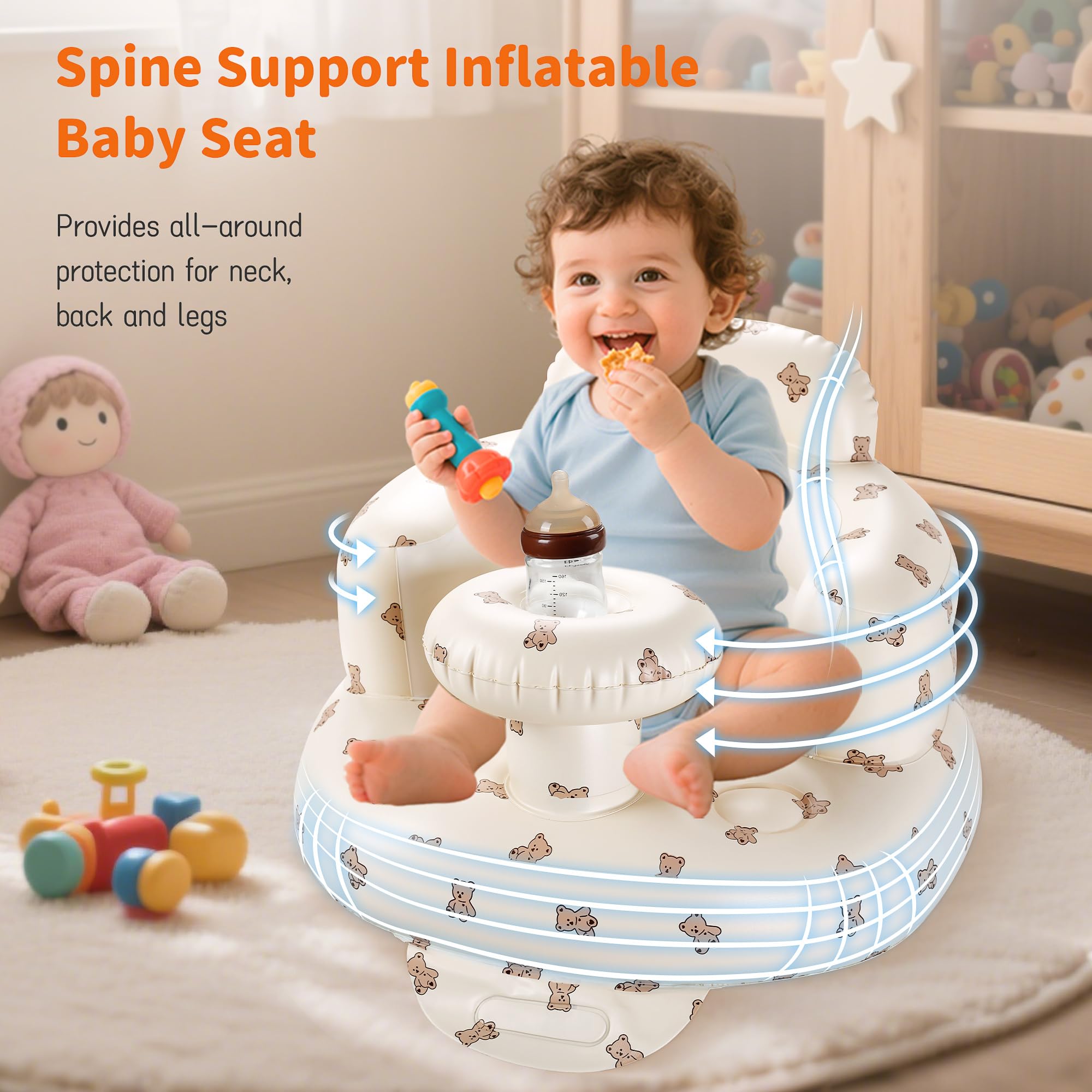 Hvygss inflatable baby seat tray and bottles demonstrates convenient feeding area
