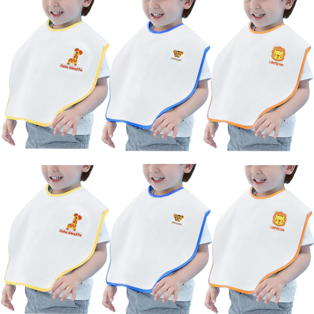 Hwieccogts 6-pack bibs showing full-coverage protection for messy meals and activities.