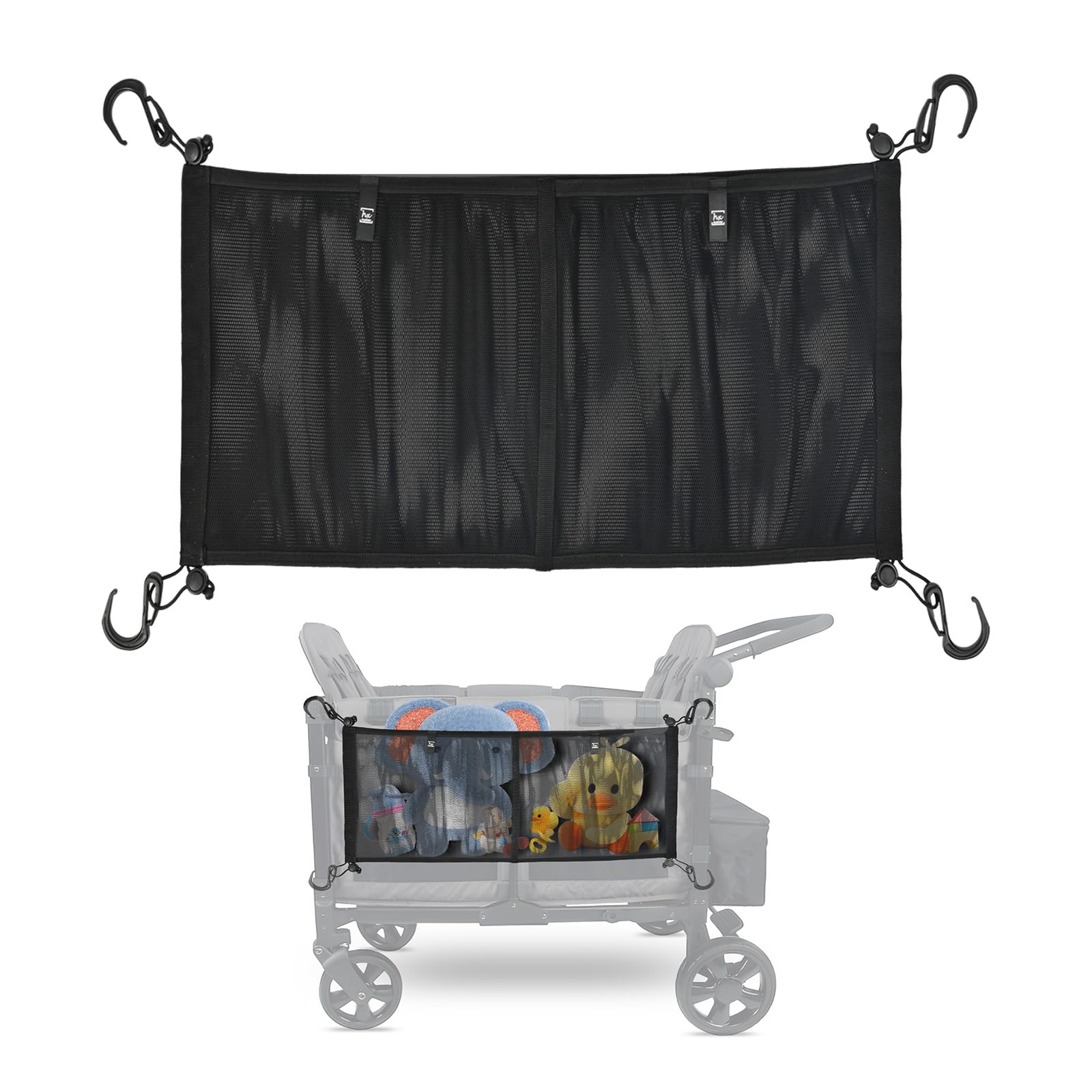 HX AURIZE cargo net mounted on Wonderfold stroller wagon for extra storage.