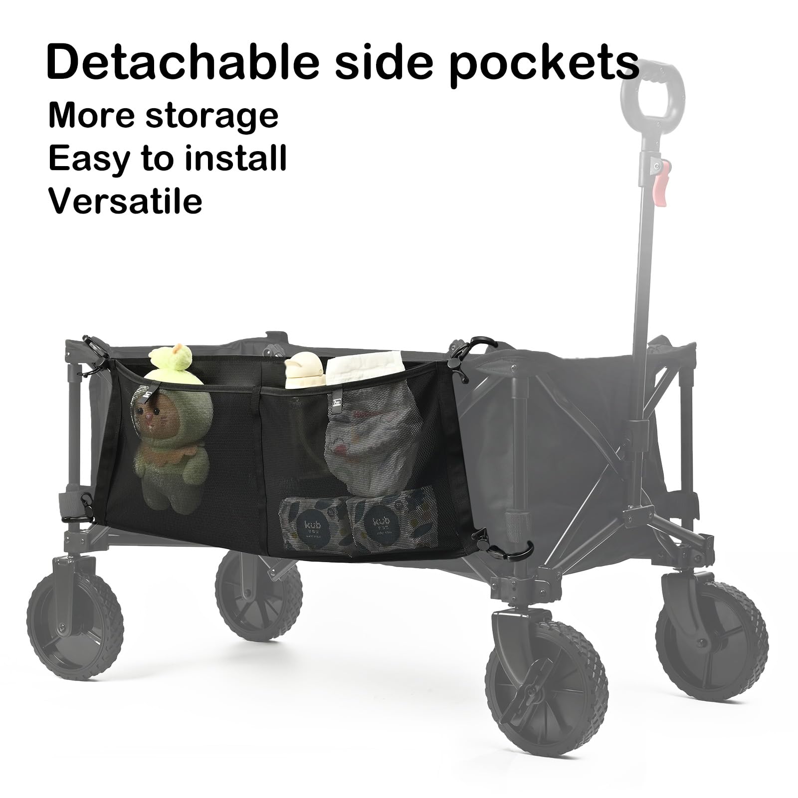 HX AURIZE organizer attached to wagon frame for tidy travel essentials.