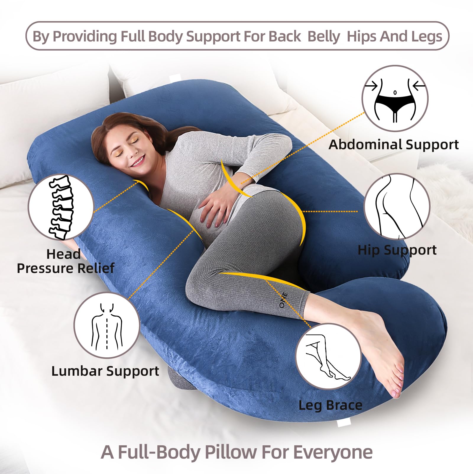 HychYAYA u-shaped pregnancy pillow side view highlights ergonomic design for side sleeping comfort.