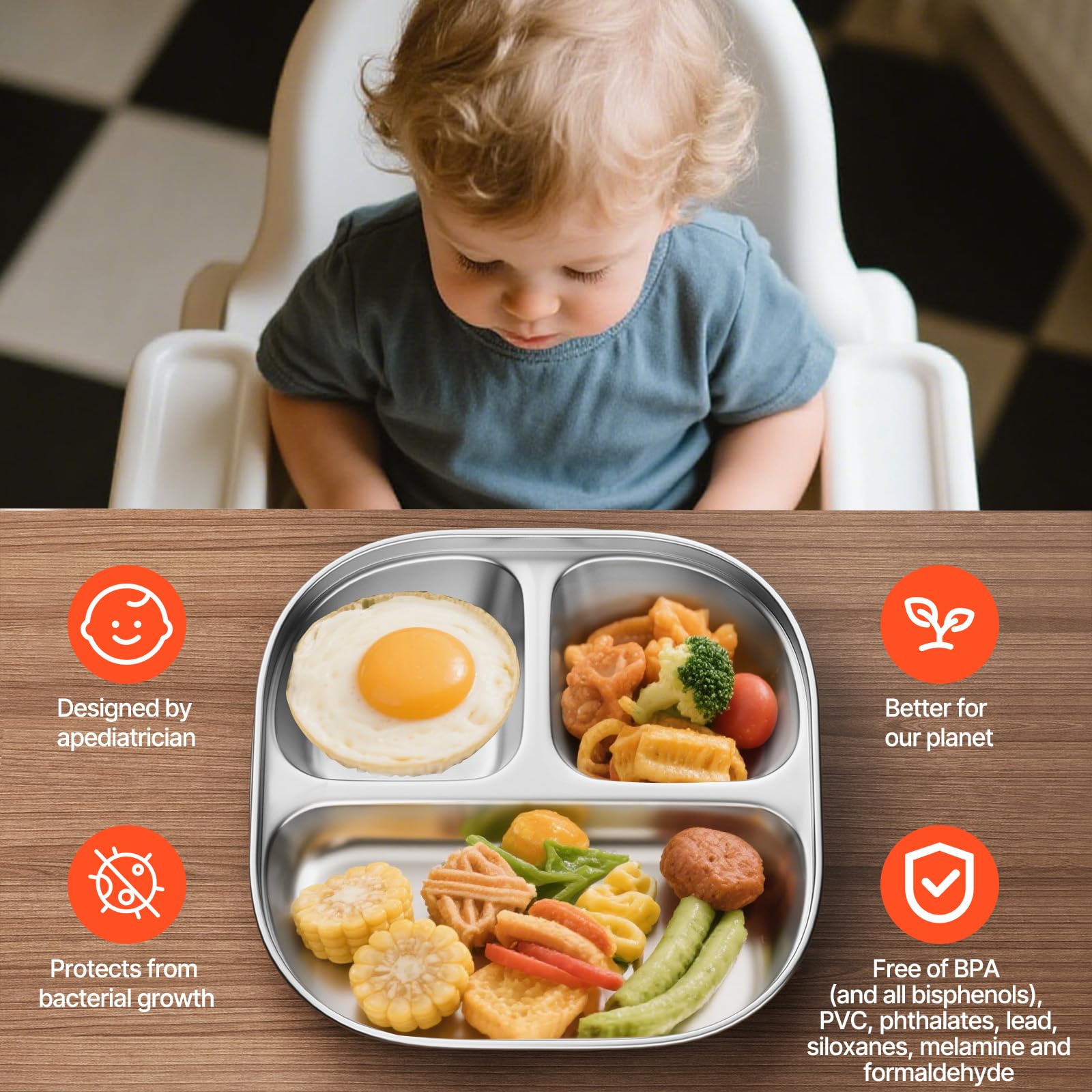 Hyperzacc durable stainless steel plate withstands busy toddlers.