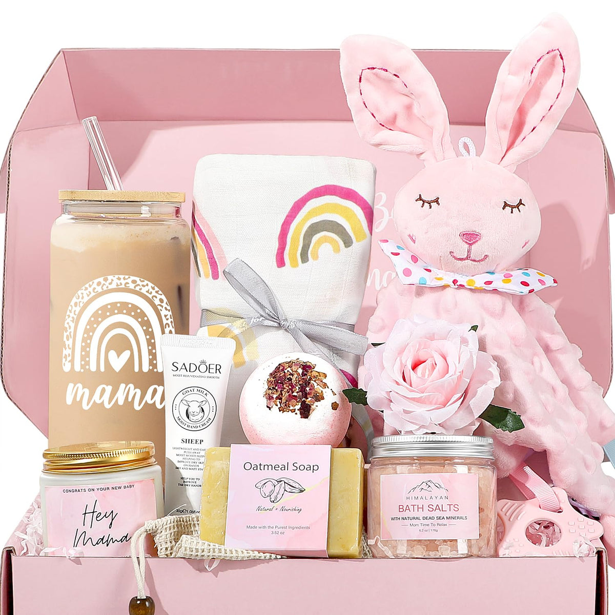 iaovueby new mom gift basket front view, ideal for a baby shower gift.