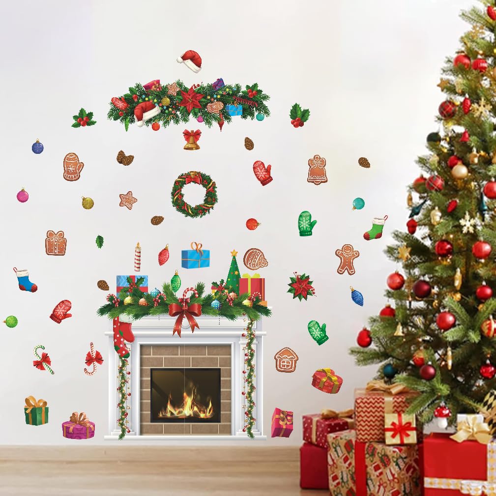 IARTTOP Christmas fireplace decal backdrop creates warm holiday ambiance on walls.