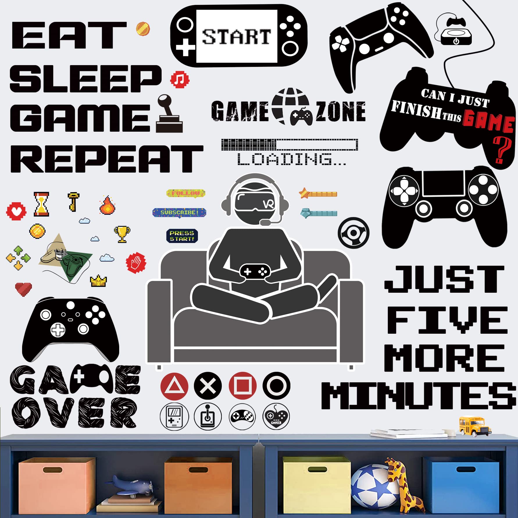IAXSEE game wall stickers collection with two sheets of colorful decals for playrooms.
