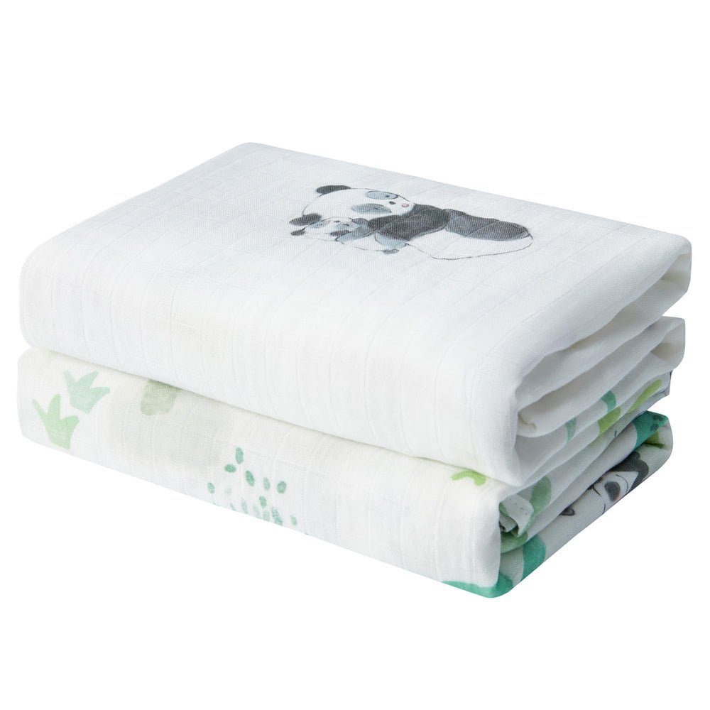 IBESTOPIA baby swaddle panda prints laid flat, showcasing breathable muslin for newborn comfort