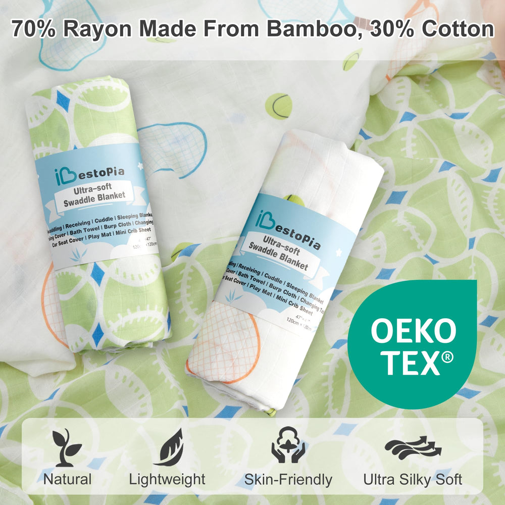 IBESTOPIA muslin swaddle design detail—tiny tennis rackets and bouncing balls.