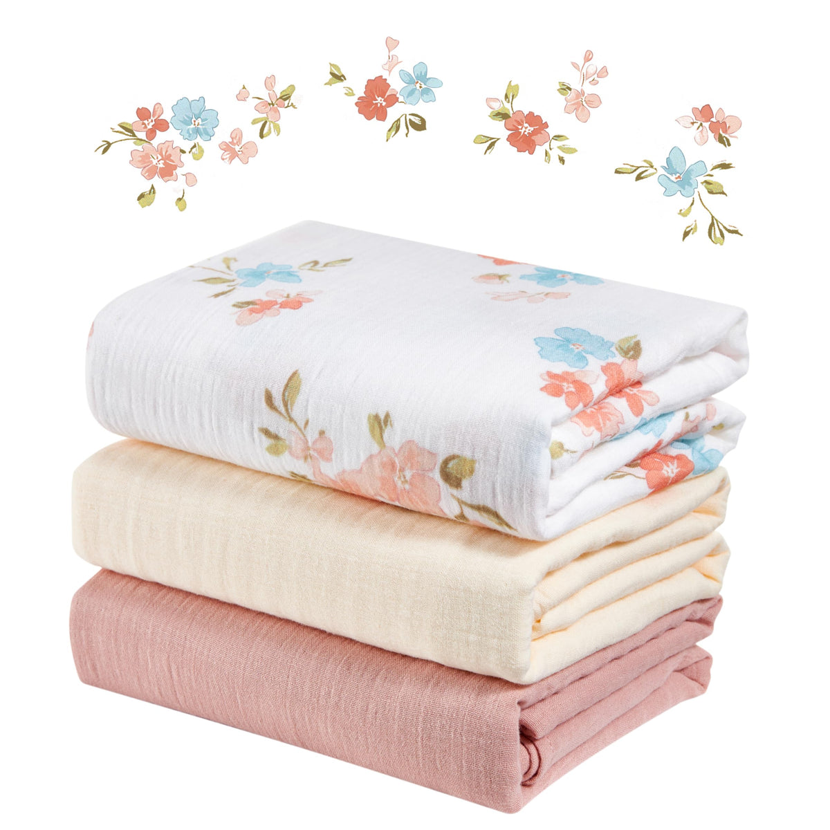 IBESTOPIA Pink Floral Garden swaddle blankets 3-pack for cozy newborn naps