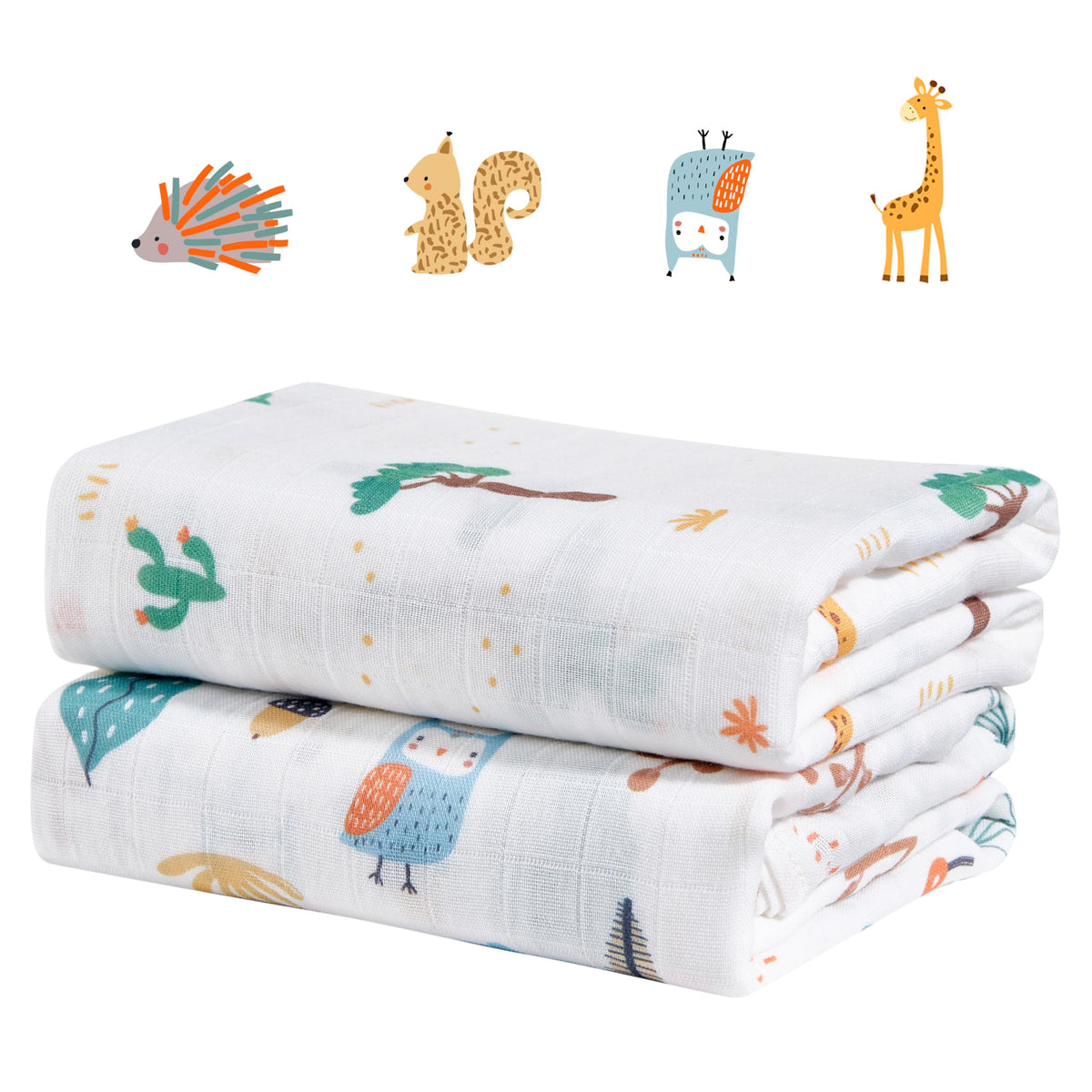 IBESTOPIA swaddle blankets in forest and giraffe print, soft breathable cotton for calming newborn sleep.
