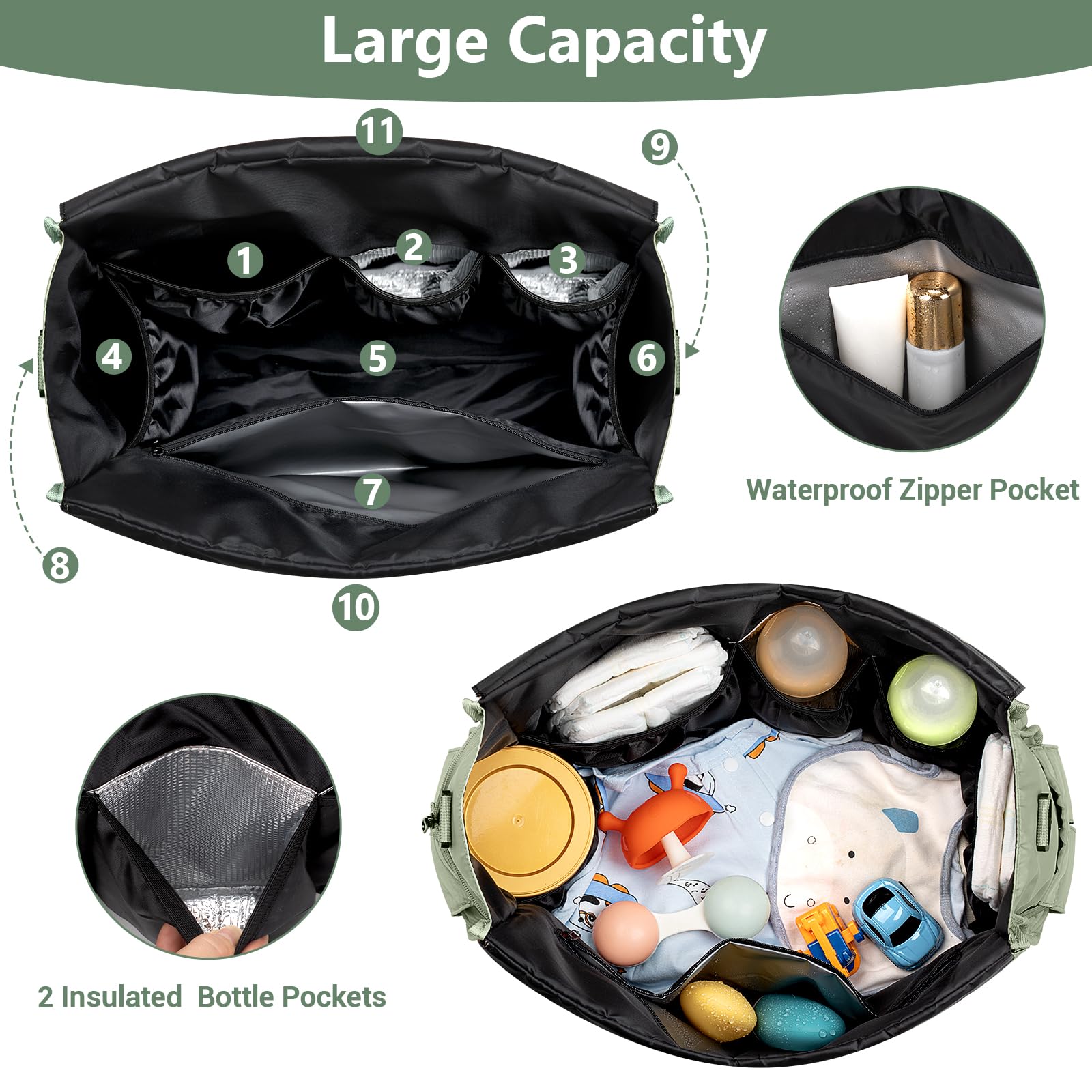 IBFUN diaper bag tote with 11 pockets keeps everything neatly separated