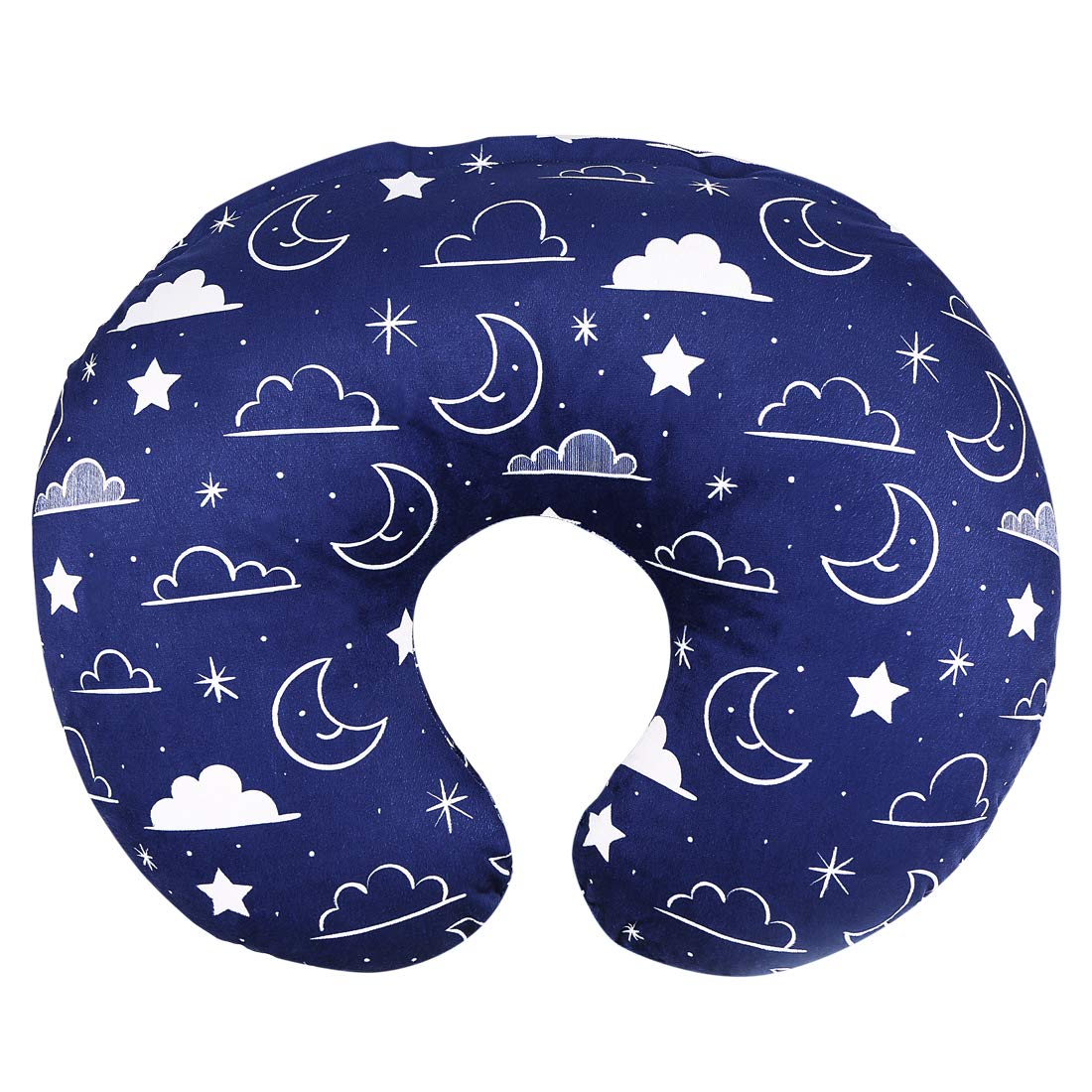 IBraFashion minky nursing pillow cover in navy with stars and clouds, soft against baby's skin