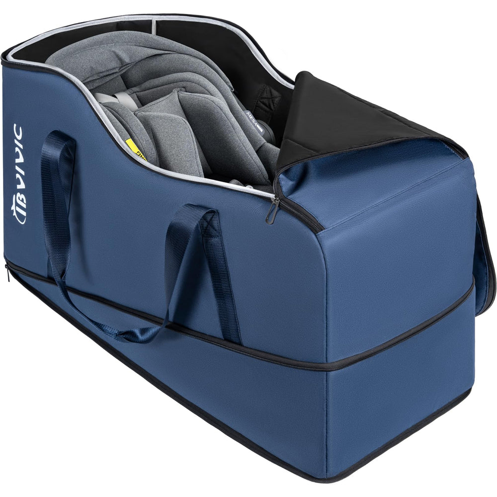 IBVIVIC car seat travel bag blue front view shows protective shell for air travel.