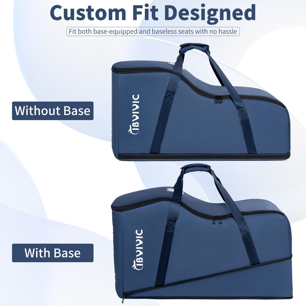 IBVIVIC car seat travel bag blue side view demonstrates compact storage during check-in.